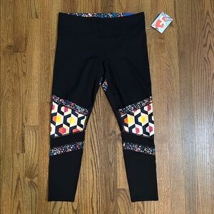 JoyLab Black Mid-Rise Leggings with Multicolor Geometric Panels Sz L